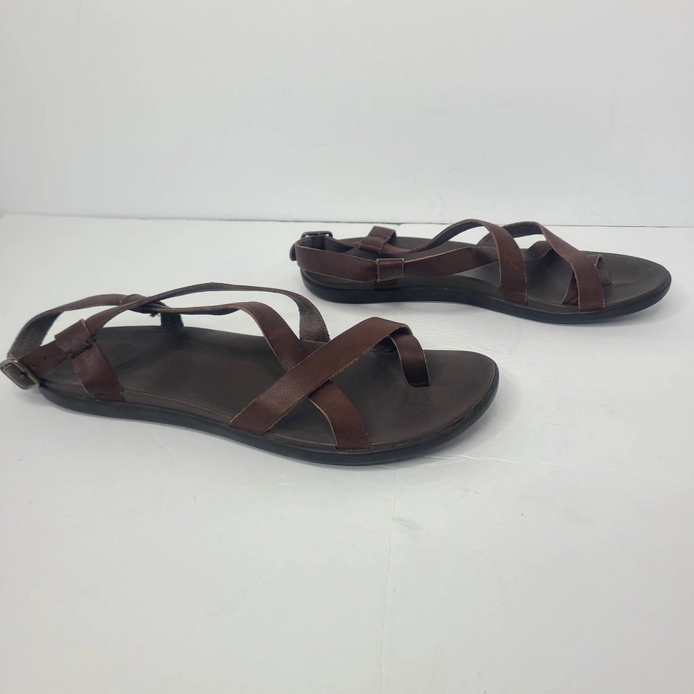 Olukai Upena Sandals Women's 9 Brown Leather Toe Loop Criss Cross Strappy - Picture 2 of 9